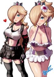 1girls artist_signature bikini blonde_hair blue_eyes blush breasts cleavage cosplay crossover crown earrings female female_only final_fantasy final_fantasy_vii flower_in_hair hair_over_one_eye heart large_breasts looking_at_viewer mario_(series) navel nintendo princess_rosalina solo super_mario_galaxy tifa_lockhart_(cosplay) white_background yamino_ekakinin