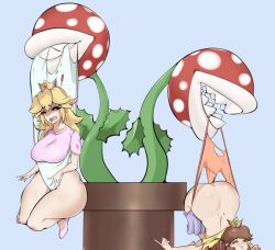 2girls 2others blonde_female blonde_hair blonde_hair_female brown_hair brown_hair_female brunette_hair embarrassed embarrassed_female female hanging_wedgie lifting_wedgie mario_(series) multiple_girls neonharu orange_panties orange_underwear piranha_plant piranha_plants princess_daisy princess_peach simple_background wedgie wedgies white_panties white_underwear