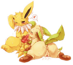 1boy 1girls 3_toes anus ass balls blush censored chest_tuft closed_eyes cupping_balls cute eeveelution feet fur furry heart interspecies jolteon knot leafeon licking nintendo one_eye_closed paws penis pokemon pokemon_dppt pussy pussy_juice pussy_juice_on_floor raised_tail rear_view sex straight sweat testicles toes tongue tongue_out tuft video_games wahitouppe wet yellow_fur