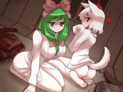 2girls animal_ears ass bare_legs barefoot blush bow breasts commentary_request dress_shirt embarrassed feet front_ponytail green_eyes green_hair hairbow hat hina_kagiyama indoors inubashiri_momiji kagiyama_hina large_breasts long_hair momiji_inubashiri mono_(moiky) multiple_girls naked_shirt red_eyes seiza shirt short_hair sitting tail tokin_hat touhou wariza wet wet_clothes white_hair wolf_ears wolf_tail