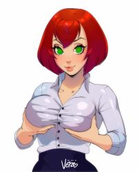 1girls 2024 artist_signature clothed clothing commission female female_only green_eyes hi_res holding_breasts holding_own_breasts looking_at_viewer medium_hair red_hair shirt smiling smiling_at_viewer solo theartofvero three-quarter_portrait vero white_background