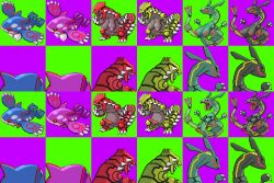 breasts checkered_background female feral green_background groudon kyogre legendary_pok&eacute;mon legendary_pokemon male pixel_art pokemon pokemon_(species) pokezelda3 purple_background rayquaza sprite sprite_edit sprite_sheet