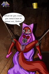 2016 anthro ass bondage bottomless bound bound_legs bound_wrists brown_eyes canine clitoris clothed clothing dialogue disney dress english_text female fox fur hood inside lock maid_marian mammal mancoin open_mouth pubes pussy red_fur robin_hood_(disney) rope silverfox100 solo speech_bubble spread_legs spreading text tied_up white_fur