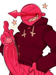 arrow corruptstarz devil_tail gijinka gray_background grey_background growing_penis hoodie male male_only non-human red_body red_hoodie red_penis regretevator repost roblox roblox_game round_head shapeshifting sharp_teeth snapping_fingers star stubble williamplayz57_(regretevator)