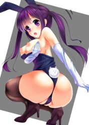 animal_ears ass blush breasts breasts_out bunny_ears bunny_girl bunny_tail bunnysuit elbow_gloves female from_behind gloves gochuumon_wa_usagi_desu_ka? high_heels long_hair looking_at_viewer looking_back neko_neko_koneko nipples open_mouth purple_eyes purple_hair solo squatting tail tedeza_rize thighhighs tied_hair tippy_(is_the_order_a_rabbit?) twintails