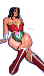 1girls alternate_version black_hair blue_eyes boots bracelets cleavage dc dc_comics diana_prince light-skinned_female light_skin muscular muscular_female muscular_thighs pope_of_dairy smile solo superheroine textless_version thick_thighs thighs watermelon watermelon_crushing wonder_woman wonder_woman_(series)