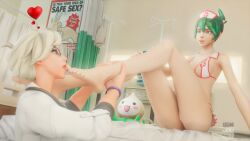 3d angela_ziegler feet foot_fetish foot_worship kiriko_(overwatch) kiriko_kamori mercy overwatch overwatch_2 soles toe_sucking toes tongue_out