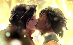 2girls asami_sato avatar_legends canon_couple clothing dark-skinned_female dark_skin female female_only interracial kissing korra short_hair straight_hair the_avatar the_legend_of_korra water_tribe yuri