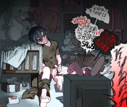 1boy barefoot bed bedroom black_hair blush danganronpa danganronpa_v3 dark_background drooling english_commentary english_text green_eyes hair_between_eyes highres kirigiri_kyouko large_teddy_bear male_focus male_masturbation masculine masturbation messy_room monokuma poster_(object) saihara_shuuichi short_hair sitting skinny solo speech_bubble stained_clothes stuffed_animal stuffed_toy sweat teddy_bear television tissue_box ubuuugreenie unworn_clothes used_tissue watching_television wavy_mouth