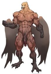 abs accipitrid accipitriform amoyy0118 anthro avian balls beak biceps bird brown_body deltoids digital_drawing_(artwork) digital_media_(artwork) elden_ring elden_ring_nightreign erection feathers feet fromsoftware genitals glans guardian_(nightreign) hi_res humanoid_genitalia humanoid_penis looking_at_viewer male mammal muscular muscular_male nipples nude obliques pecs penis scar simple_background solo vein wings