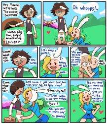 1boy 1girls 7_panel_comic 7koma adventure_time age_difference assertive_female backpack before_sex blightstar blonde_hair blush bowtie bunny_ears bunny_hood cave cheating comic comic_page dialogue english english_text fionna_campbell fionna_the_human_girl glasses grabbing_bulge grass grass_field groping_penis horny_female older_male pale_skin pink_trees simon_petrikov suprise_attack suprised text undressing undressing_another vest white_eyes white_streak younger_female