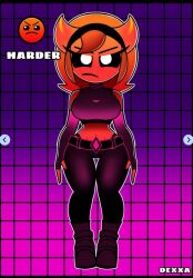 agitated angry clothed dexxa geometry_dash harder_(geometry_dash) horns large_breasts red_body red_hair red_skin thick_thighs