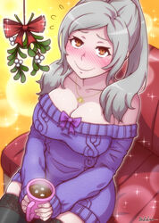 1girls akairiot aran_sweater artist_name black_legwear blush bow breasts brown_eyes cleavage collarbone cup dress female female_only fire_emblem fire_emblem_awakening flying_sweatdrops fully_clothed grey_hair highres hot_chocolate hourglass_figure jewelry large_breasts long_hair looking_at_viewer mistletoe mug necklace nintendo off-shoulder_sweater ponytail robin_(fire_emblem) robin_(fire_emblem)_(female) signature sitting skindentation smile solo sweater sweater_dress thighhighs tied_hair zettai_ryouiki