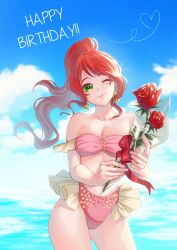 beach bikini green_eyes lillica lillica pyrrha_nikos red_hair roses rwby text