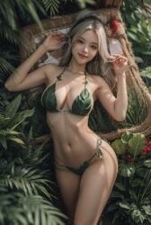 ai_generated asian asian_female bikini green_bikini green_swimsuit green_swimwear leaf leaf_bikini leaf_clothing leaf_on_breast realistic swimsuit swimwear