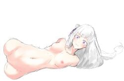 1girls amputee armless armless_amputee belly breasts completely_naked completely_naked_female completely_nude completely_nude_female crying dismemberment elf elf_ears elf_female elf_girl emilia_(re:zero) female legless legless_amputee limbless limbless_amputee lying_on_side nipples purple_eyes quadruple_amputee re:zero_kara_hajimeru_isekai_seikatsu silver_hair solo solo_female solo_focus unhappy upset white_background