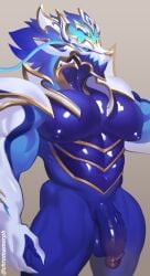 abs anthro anthro_only asian_mythology aurelion_sol aurelion_sol_(lol) balls barazoku biceps blue_body chromamorph digital_media_(artwork) dragon duo east_asian_mythology eastern_dragon erection genitals hair humanoid_genitalia humanoid_penis league_of_legends looking_at_viewer male muscular muscular_male muscular_thighs mythological_creature mythological_scalie mythology navel nipples nude penis pose riot_games scalie simple_background solo triceps