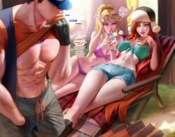 1boy 2girls abs bikini blonde_hair breasts choker dipper_pines disney freckles ginger gravity_falls green_eyes muscular_male pacifica_northwest pink_bikini sakimichan sunglasses sunglasses_on_head wendy_corduroy