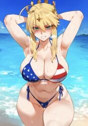 1girls ai_generated american_flag_bikini artoria_pendragon bare_arms bare_legs bare_shoulders bare_thighs beach big_breasts bikini bikini_bottom bikini_top blonde_hair blue_eyes blush clothed clothing color crown fate_(series) female female_focus female_only hi_res large_breasts light-skinned_female light_skin sand sea short_hair solo solo_female sweat swimsuit tagme thick_thighs truck_kun water