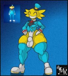 2025 ball_bulge blue_background blue_clothing blue_hat blue_headwear blue_legwear blue_topwear bulge closed_eyes clothing digital_drawing_(artwork) digital_media_(artwork) english_description footwear fortnite fortnite:_battle_royale hands_on_hips hat headgear headwear hi_res humanoid k'draws legwear male not_furry reference_image shoes simple_background smile solo standing thick_thighs thighs_bigger_than_head topwear white_clothing white_footwear white_shoes wide_hips wonkee_(fortnite)