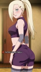ai_generated ass asymmetrical_bangs blonde_hair blue_eyes blush boruto:_naruto_next_generations breasts cowboy_shot crop_top female fishnet_thighhighs fishnets from_side grey_thighhighs hair_ornament hair_over_one_eye hairclip high_ponytail indoors ino_yamanaka long_hair looking_at_viewer looking_back medium_breasts meitabuu midriff miniskirt naruto naruto_(series) naruto_shippuden pantylines parted_lips pencil_skirt ponytail purple_shirt purple_skirt shirt skirt sleeveless sleeveless_shirt smile solo standing thighhighs wooden_floor zettai_ryouiki