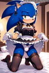 ai_generated bed bedroom blue_fur breathtaker bulge dress_lift furry furry_only green_eyes hi_res kneeling maid maid_dress maid_headdress maid_outfit maid_uniform male_only on_bed panties presenting shy sonic_(series) sonic_the_hedgehog sonic_the_hedgehog_(series) stockings