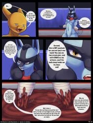 anthro arm_wrapping bear213 blue_body blue_skin charizard comic english_text generation_1_pokemon generation_4_pokemon hi_res lucario male mud nintendo nude orange_body orange_skin pokemon pokemon_(species) tail text yellow_eyes