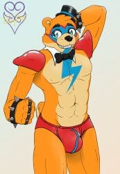1boy 6_pack abs anthro anthro_male anthro_only arm_behind_head artist_logo bear bear_humanoid bear_tail black_bow_tie black_bowtie black_hat black_nose black_top_hat blue_eyes blue_eyes_male body_paint boner boner_in_pants boner_under_clothes bow_tie bowtie boxers boxers_(clothing) boxers_only briefs bulge bulge_focus bulge_through_clothing erection five_nights_at_freddy's five_nights_at_freddy's:_security_breach fnaf friendly_expression furry furry_male furry_only glamrock_freddy_(fnaf) gray_background grey_background half_body halfbody hand_behind_head hat light_gray_background light_grey_background lighter_belly male male_nipples male_only markings_(fur) muscular muscular_male no_females no_humans no_sex no_visible_genitalia one_color_background only_male orange_body orange_fur plain_background png ring rings safe safe_for_work scottgames sfw shoulder_pads shoulder_plates simple_background six_pack small_nipples smile smiling snout solo solo_anthro solo_furry solo_male spiked_bracelet standing tail thevgbear top_hat tophat underwear ursid ursid_humanoid ursine video_games