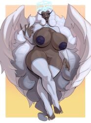 2025 angel black_nipples black_sclera breasts_bigger_than_head clothing crown dark_body dark_skin duplicate eyelashes feathered_wings feathers female genitals grey_eyes grey_hair hair halo hazbin_hotel headgear hi_res humanoid legwear lips long_eyelashes long_hair looking_at_viewer mature_female mature_humanoid nipples not_furry pillowymounds pussy repost sera_(hazbin_hotel) seraph_(angel) shrug_(clothing) solo stockings thick_lips thick_thighs thigh_highs wide_hips winged_humanoid wings