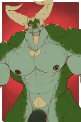 1boy 2023 2_horns anthro arm_spikes bara biceps big_pecs big_penis border deltoids dragon eyebrow_spikes facial_spikes genitals gold_ring green_body green_scales head_spines hi_res horn horn_jewelry horn_ring jewelry looking_at_viewer male muscular muscular_anthro muscular_male muscular_thighs mythological_creature mythological_scalie mythology navel nipple_piercing nipple_ring nipples obliques oldshep pecs penis penis_base piercing red_background ring_(jewelry) ring_piercing scales scalie serratus shoulder_spikes simple_background solo spikes spikes_(anatomy) tan_body tan_horn tan_scales tan_spikes wayne_(oldshep) white_border yellow_eyes