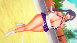 blue_eyes breasts cheerleader cheerleader_uniform codeyumi curvy curvy_figure dark_hair genshin_impact huge_breasts huge_thighs koikatsu light-skinned_female light_skin mona_(genshin_impact) purple_hair seductive seductive_eyes seductive_look seductive_pose seductive_smile shiny_skin sweat thick_thighs twintails very_long_hair voluptuous voluptuous_female