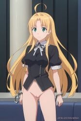 ai_generated asia_argento butler butler_uniform handcuffs high_school_dxd lv99slime obedient obedient_sub pussy servant standing submissive submissive_female vagina yellow_hair