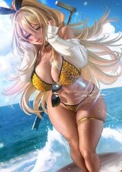 beach bikini eyewear_removed large_breasts rupee_(nikke) sakimichan sunglasses tan_body white white_hair