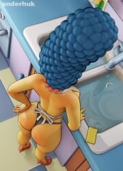 1girls anderhuk anderhuk3d apron beehive_hairdo big_ass black_panties blue_hair curvy dat_ass heels kitchen marge_simpson milf necklace panties sink the_simpsons viewed_from_above wide_hips yellow_skin