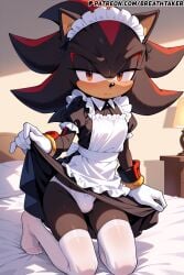 ai_generated bed bedroom black_fur breathtaker bulge dress_lift furry furry_male hi_res kneeling maid maid_dress maid_headdress maid_outfit maid_uniform on_bed presenting red_eyes shadow_the_hedgehog shy sonic_(series) sonic_the_hedgehog_(series) stockings