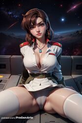 1girls ai_generated arm_support artist_name belt breasts brown_eyes brown_hair cameltoe cleavage collarbone earrings gundam gundam_seed gundam_seed_destiny gundam_seed_freedom hi_res hoop_earrings jewelry large_breasts lips looking_at_viewer military military_uniform mobile_suit_gundam mole mole_on_thigh mole_under_eye murrue_ramius necklace no_bra panties partially_unbuttoned patreon_username progenarts shirt sitting skirt sky solo space spread_legs star_\(sky\) starry_sky thick_thighs thighhighs thighs underwear uniform web_address white_panties white_shirt white_skirt white_thighhighs