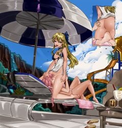 2girls anus artstyle_imitation assertive_female asshole belly bikini blonde_hair blue_eyes breasts calves chest collar crotch cunnilingus danganronpa_artstyle dominant_female eating_out eating_pussy facesitting feet femdom hands holding_head horny kyokou_suiri legs light_skin long_hair lying medium_breasts naked no_pubic_hair nude on_top otonashi_rion pink_hair ponytail pool poolside pushing_head pussy ribbon rogunsou sitting smile thighs toes tongue tongue_out vagina water_park yellow_hair yuri