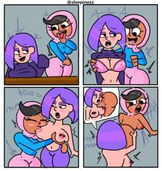 2girls big_ass big_breasts black_body black_eyes black_hair brown_skin comic duolingo goth goth_girl grabbing_breasts gray_background hijab kissing lesbian_kiss lesbian_sex lily_(duolingo) nude nude_female purple_hair sucking_anus sucking_ass sucking_nipples white_skin yuri zari_(duolingo) zleepinezz