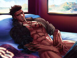 1boy abs bara bed black_hair dreadful_alibi erection facial_hair final_fantasy final_fantasy_xv gladiolus_amicitia lying male_only muscle naughty_face pecs penis penis_grab pillow scar smile smirk solo solo_focus testicle_grab testicles window