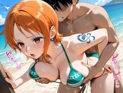 ai_generated beach big_breasts bikini black_hair blush cum female from_behind grabbing grabbing_from_behind male monkey_d_luffy nami_(one_piece) one_piece orange_hair sex sex_from_behind short_hair thick_thighs vaginal_penetration