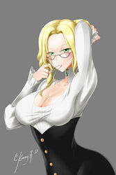 big_breasts blonde_hair breasts cleavage female glasses glynda_goodwitch hand_on_head highres kimmy77 large_breasts looking_at_viewer rwby solo