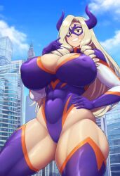 ai_generated big_ass big_breasts blonde_hair eyemask giantess hero_outfit_(mha) heroine long_hair mount_lady my_hero_academia wide_hips yu_takeyama