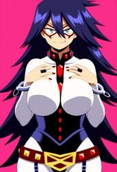 ai_generated arms_on_breasts big_ass big_breasts black_hair cuffs_(clothing) eyemask hero_outfit_(mha) heroine long_hair midnight_(my_hero_academia) my_hero_academia nemuri_kayama painted_nails wide_hips