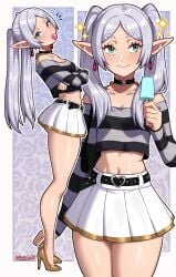 1girls absurdres bare_legs bare_shoulders belt black_belt black_choker blowing_bubble_gum breasts buckle chewing_gum choker collar collarbone commentary cropped_shirt earrings elf english_commentary female female_only food frieren full_body green_eyes heart heart-shaped_buckle heart_choker high_heels highres holding holding_food holding_popsicle jewelry legs light-skinned_female long_hair long_pointy_ears long_sleeves looking_at_viewer midriff miniskirt multiple_views navel off-shoulder_shirt off_shoulder parted_bangs pointy_ears popsicle revealing_clothes sarukaiwolf shirt short_skirt skirt small_breasts sousou_no_frieren sparkle striped_clothes striped_shirt twintails white_hair white_skirt