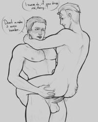 2025 2boys anal anal_sex balls carrying carrying_partner carrying_position dialogue digital_media_(artwork) gay gay_sex grey_background hairy_chest hairy_male hans_capon_(kingdom_come:_deliverance) henry_(kingdom_come:_deliverance) keyrrrsmut kingdom_come:_deliverance male male/male male_penetrated male_penetrating penis sketch