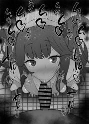 1boy 1girls :>= bar_censor bare_shoulders big_penis black_and_white blowjob blue_archive blush censored dark-skinned_male dark_skin deepthroat detailed_background dress drooling erection eyelashes fellatio female_focus fuuka_(blue_archive) gehenna_academy_student hair_ornament heart horns humanoid indoor inside kurotama long_hair looking_at_viewer male male_pov monochrome noseless oral oral_sex partial_male penis room saliva school_lunch_club_(blue_archive) shiny shiny_skin sound_effects squatting straight sweat text tied_hair tongue_out vein veins veiny veiny_penis