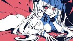 ai_generated ass asymmetrical_legwear breasts edit female hair_ornament lilith_(the_noexistencen_of_you_and_me) monochrome nude nude_female official_art red_eyes ribbons solo the_noexistencen_of_you_and_me thighhighs twintails white_hair white_skin