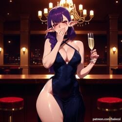 ai_generated balecxi braid cleavage cup dress drinking_glass esil_radiru female large_breasts long_hair looking_at_viewer patreon_username pointy_ears purple_hair red_eyes solo solo_leveling thighs