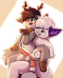 absurd_res anal animal_genitalia anthro bat bodily_fluids canid canine canine_genitalia deer dominant dominant_male duo femboy fluffy fluffy_tail fox foxyowo fur genital_fluids genitals green_eyes grey_body grey_fur heart_eyes heart_symbol hi_res hybreed kemono konuwu leaking_precum male male/male mammal milezy orgasm_denial precum purple_ears shaking_legs submissive submissive_male tail