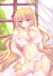 07th_expansion beatrice_(umineko) blonde_hair blue_eyes blush bra breasts choker curvy erect_nipples female flower frilled_panties frills garter_belt hair_flower hair_ornament jewelry lace large_breasts lingerie long_hair looking_at_viewer murasakigo narrow_waist navel nipples panties ring see-through smile solo thick thick_thighs thighhighs thighs umineko_no_naku_koro_ni underwear underwear_only very_long_hair wedding_band wedding_ring white_legwear white_panties window